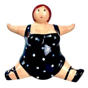 Rare Retro Polka Dot Swimsuit Piggy Bank | Unique Hand-Painted Ceramic Decor